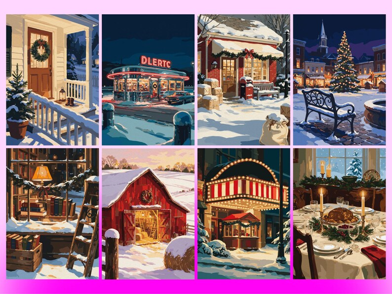 May include: A collection of eight winter-themed illustrations featuring a porch with a wreath, a neon-lit diner with the text DLERTC, a snow-covered shop, a town square with a Christmas tree, a library window, a red barn, a theater, and a dinner table.