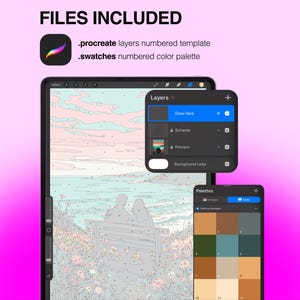 May include: A digital paint-by-number template for Procreate featuring a numbered layers panel and a numbered color palette. The interface displays a line art illustration of two people sitting on a bench overlooking a landscape.