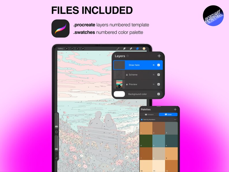 May include: A digital paint-by-number template for Procreate featuring a numbered layers panel and a numbered color palette. The interface displays a line art illustration of two people sitting on a bench overlooking a landscape.