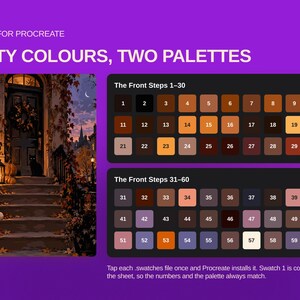 May include: A digital color palette for Procreate featuring sixty colors across two sets labeled The Front Steps 1-30 and 31-60. The image includes an illustration of a house entrance with pumpkins and a cat, plus instructions for installation.