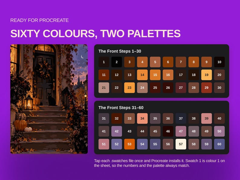 May include: A digital color palette for Procreate featuring sixty colors across two sets labeled The Front Steps 1-30 and 31-60. The image includes an illustration of a house entrance with pumpkins and a cat, plus instructions for installation.