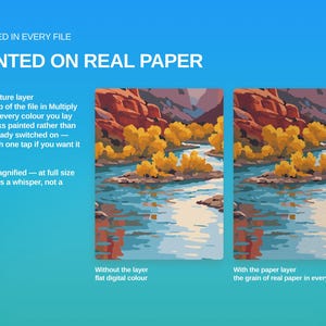 May include: A digital graphic showing a landscape illustration of a river and red rock mountains. Text reads: INCLUDED IN EVERY FILE, PAINTED ON REAL PAPER, Paper Texture layer, Without the layer flat digital colour, With the paper layer.
