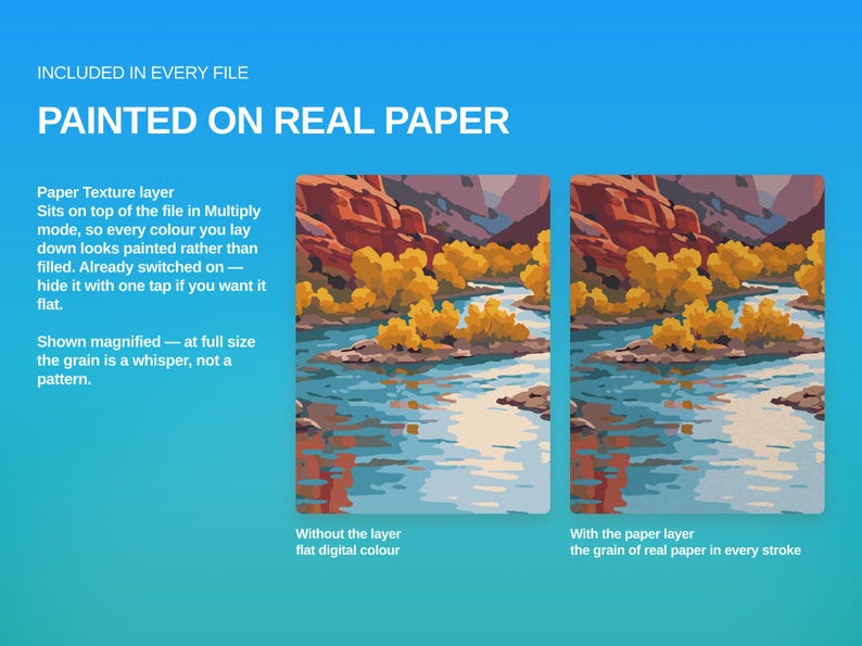 May include: A digital graphic showing a landscape illustration of a river and red rock mountains. Text reads: INCLUDED IN EVERY FILE, PAINTED ON REAL PAPER, Paper Texture layer, Without the layer flat digital colour, With the paper layer.