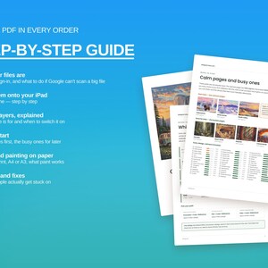 May include: A 20-page PDF step-by-step guide featuring text instructions on file access, iPad setup, layer explanations, starting points, printing, and troubleshooting, displayed alongside three overlapping document pages.