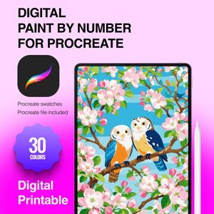 May include: A digital paint by number for Procreate featuring two owls perched on a flowering branch with pink blossoms against a blue sky. The graphic includes the text Digital Paint By Number For Procreate, 30 Colors, and Digital Printable.