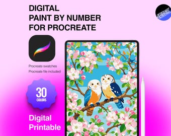 May include: A digital paint by number for Procreate featuring two owls perched on a flowering branch with pink blossoms against a blue sky. The graphic includes the text Digital Paint By Number For Procreate, 30 Colors, and Digital Printable.