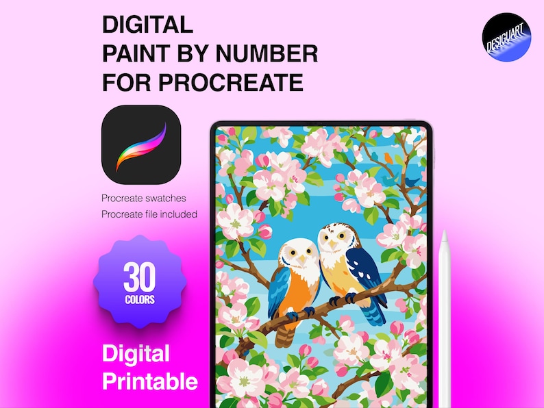 May include: A digital paint by number for Procreate featuring two owls perched on a flowering branch with pink blossoms against a blue sky. The graphic includes the text Digital Paint By Number For Procreate, 30 Colors, and Digital Printable.