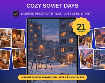 21 páginas para colorear de invierno acogedoras por números, pintura por números para Procreate, libro para colorear ruso, páginas para colorear retro de la era soviética para iPad, regalo nostálgico