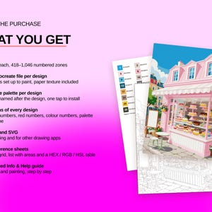 May include: A digital art kit featuring 25 designs with 30 colors each, including Procreate files, palettes, and six versions of every design in PDF, PNG, and SVG formats. Includes color reference sheets and an illustrated guide on a pink background.