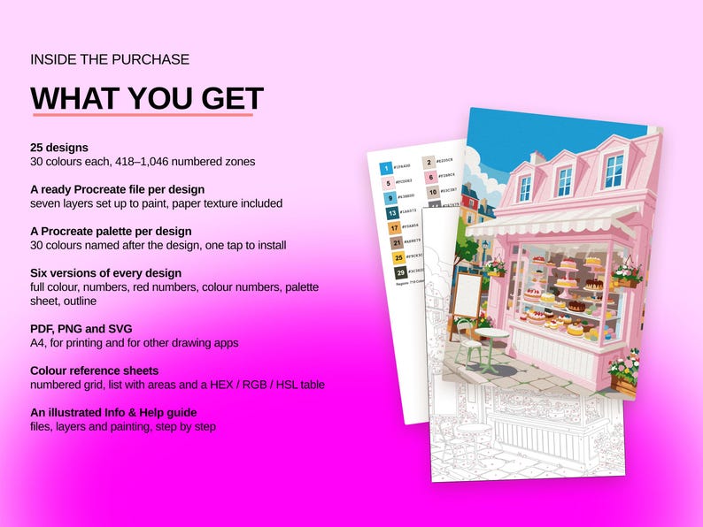 May include: A digital art kit featuring 25 designs with 30 colors each, including Procreate files, palettes, and six versions of every design in PDF, PNG, and SVG formats. Includes color reference sheets and an illustrated guide on a pink background.