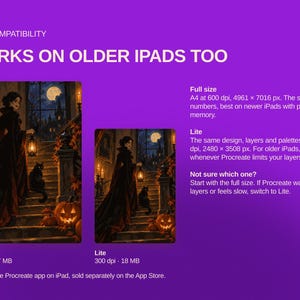 May include: A digital illustration on a purple background showing a person in a dark gown holding a lantern on stone stairs with a black cat and pumpkins. Text includes IPAD COMPATIBILITY, WORKS ON OLDER IPADS TOO, Full size, and Lite.