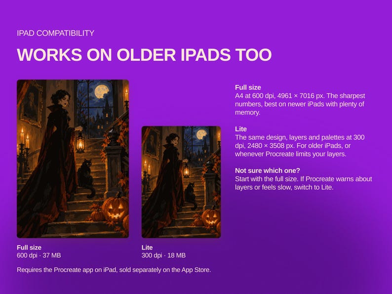 May include: A digital illustration on a purple background showing a person in a dark gown holding a lantern on stone stairs with a black cat and pumpkins. Text includes IPAD COMPATIBILITY, WORKS ON OLDER IPADS TOO, Full size, and Lite.