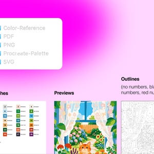 May include: A digital paint-by-number kit featuring a file list with Color-Reference, PDF, PNG, Procreate-Palette, and SVG folders. Includes a numbered color swatch chart, a finished garden scene preview, and a black and white outline template.