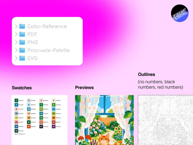 May include: A digital paint-by-number kit featuring a file list with Color-Reference, PDF, PNG, Procreate-Palette, and SVG folders. Includes a numbered color swatch chart, a finished garden scene preview, and a black and white outline template.