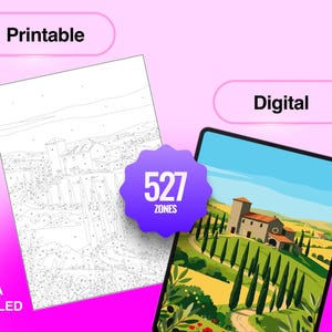 K&ouml;nnte beinhalten: Ein Malen-nach-Zahlen-Set mit einem druckbaren schwarz-wei&szlig;en Linienkunstblatt und einem digitalen Tablet-Display, das eine fertige Landschaft einer toskanischen Villa mit Zypressen, H&uuml;geln und 527 Zonen zeigt, beschriftet mit Printable und Digital.