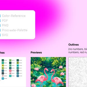 May include: A digital file set featuring a flamingo painting guide with a file list including Color-Reference, PDF, PNG, Procreate-Palette, and SVG. It displays a numbered color swatch chart, a preview of two pink flamingos in a pond, and an outline.