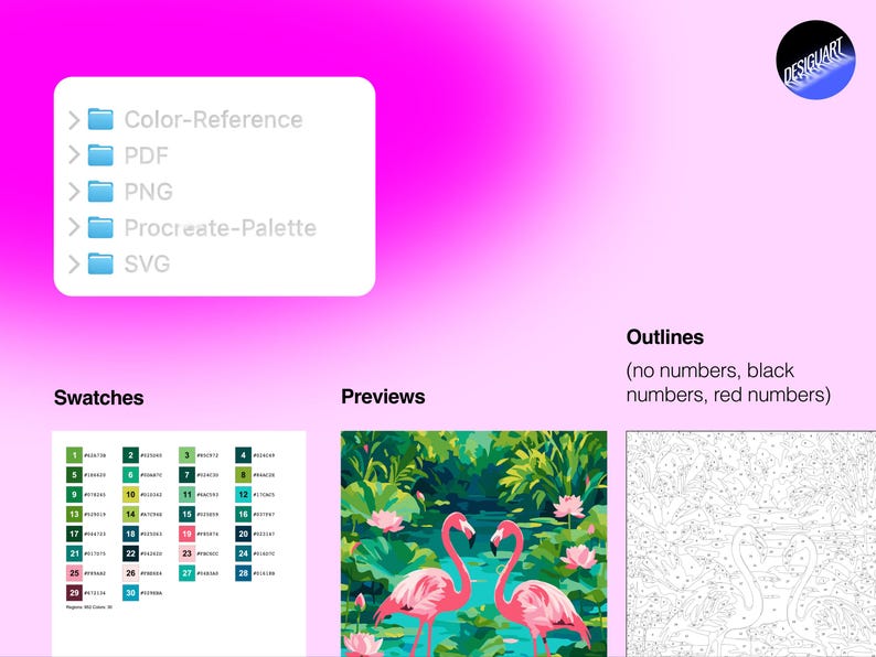 May include: A digital file set featuring a flamingo painting guide with a file list including Color-Reference, PDF, PNG, Procreate-Palette, and SVG. It displays a numbered color swatch chart, a preview of two pink flamingos in a pond, and an outline.