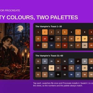 May include: A digital color palette for Procreate titled Sixty Colours, Two Palettes. It features an illustration of a vampire in a dark room with candles and a raven, alongside two grids of numbered color swatches labeled The Vampire's Toast 1-30 and 31-60.