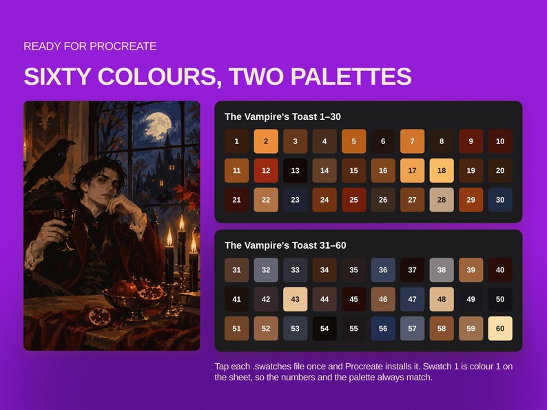 May include: A digital color palette for Procreate titled Sixty Colours, Two Palettes. It features an illustration of a vampire in a dark room with candles and a raven, alongside two grids of numbered color swatches labeled The Vampire's Toast 1-30 and 31-60.