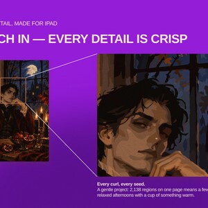 May include: A digital illustration of a person with dark hair resting their chin on their hand, set against a night scene with a full moon and candles. The image includes text: HIGH DETAIL, MADE FOR IPAD, PINCH IN &mdash; EVERY DETAIL IS CRISP.