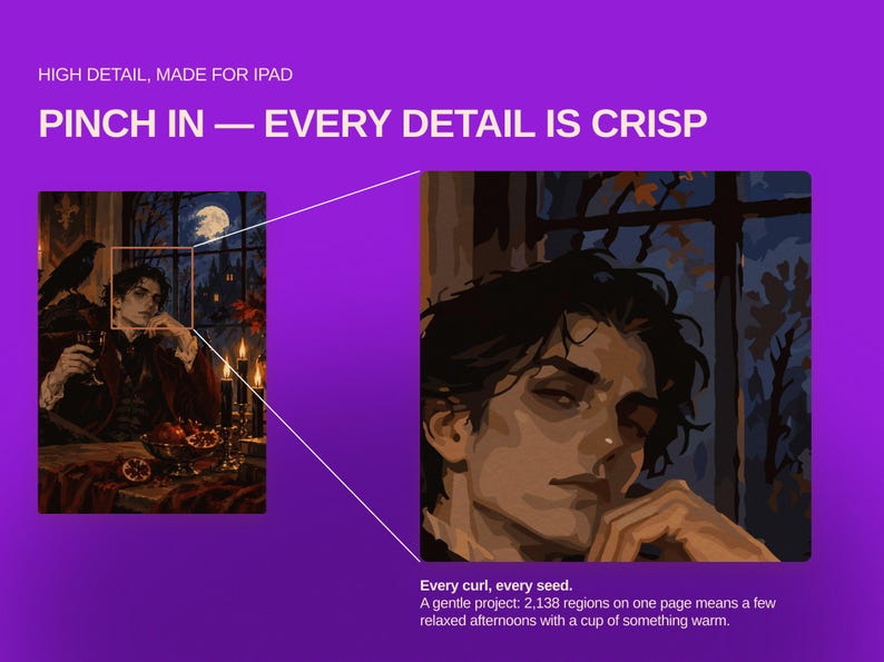 May include: A digital illustration of a person with dark hair resting their chin on their hand, set against a night scene with a full moon and candles. The image includes text: HIGH DETAIL, MADE FOR IPAD, PINCH IN &mdash; EVERY DETAIL IS CRISP.