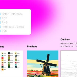 May include: A digital file set featuring a folder list with Color-Reference, PDF, PNG, Procreate-Palette, and SVG. Includes a color swatch chart with 30 numbered entries, a windmill landscape preview, and a line art outline of the windmill.