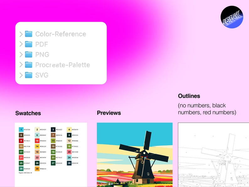 May include: A digital file set featuring a folder list with Color-Reference, PDF, PNG, Procreate-Palette, and SVG. Includes a color swatch chart with 30 numbered entries, a windmill landscape preview, and a line art outline of the windmill.