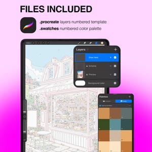 May include: A digital illustration of a Parisian-style bakery storefront displayed on a tablet screen, featuring a Procreate layers panel and a numbered color palette. The text reads FILES INCLUDED, .procreate layers numbered template, and .swatches numbered color palette.
