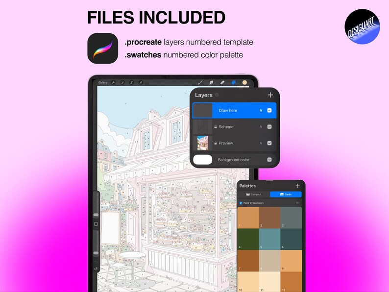 May include: A digital illustration of a Parisian-style bakery storefront displayed on a tablet screen, featuring a Procreate layers panel and a numbered color palette. The text reads FILES INCLUDED, .procreate layers numbered template, and .swatches numbered color palette.