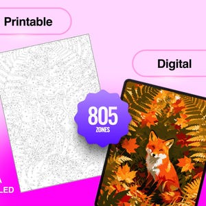 May include: A digital paint-by-number set featuring a fox in autumn foliage. The image includes a black and white line art template labeled Printable and a full-color version labeled Digital, with a purple badge stating 805 ZONES and EXTRA DETAILED.