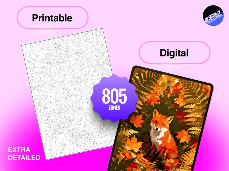 May include: A digital paint-by-number set featuring a fox in autumn foliage. The image includes a black and white line art template labeled Printable and a full-color version labeled Digital, with a purple badge stating 805 ZONES and EXTRA DETAILED.