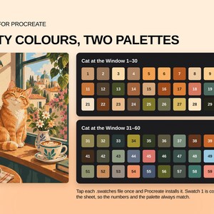 May include: A digital color palette set for Procreate featuring sixty colors across two palettes titled Cat at the Window 1-30 and Cat at the Window 31-60. The image includes an illustration of a cat sitting by a window with a coffee cup.