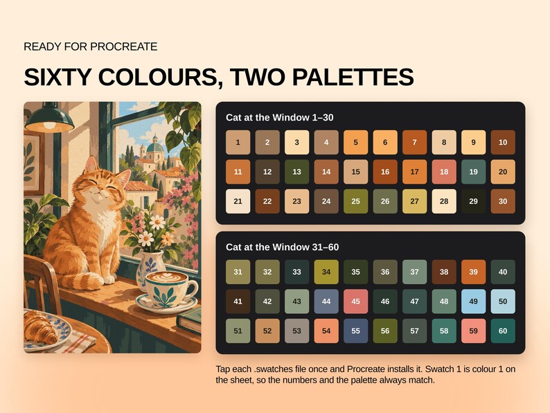 May include: A digital color palette set for Procreate featuring sixty colors across two palettes titled Cat at the Window 1-30 and Cat at the Window 31-60. The image includes an illustration of a cat sitting by a window with a coffee cup.