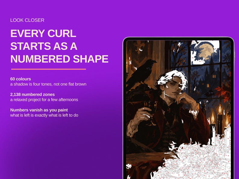 May include: A digital paint-by-number kit displayed on a tablet screen, featuring a gothic illustration of a person with white hair, a raven, and candles. Text reads: LOOK CLOSER, EVERY CURL STARTS AS A NUMBERED SHAPE, 60 colours, 2,138 numbered zones.