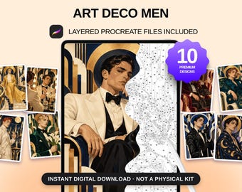 10 Art-Deco-Männer zum Ausmalen nach Zahlen, 60-Farben-Procreate-Malvorlagen (Digitaler Download)