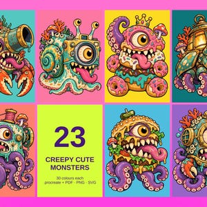Puede incluir: Una colecci&oacute;n digital de 23 coloridas ilustraciones de monstruos que incluyen criaturas como un cangrejo con ca&ntilde;&oacute;n, un caracol c&aacute;mara, un monstruo donut, una tortuga linterna, un pulpo m&aacute;quina de coser, un monstruo hamburguesa y un pulpo buzo.