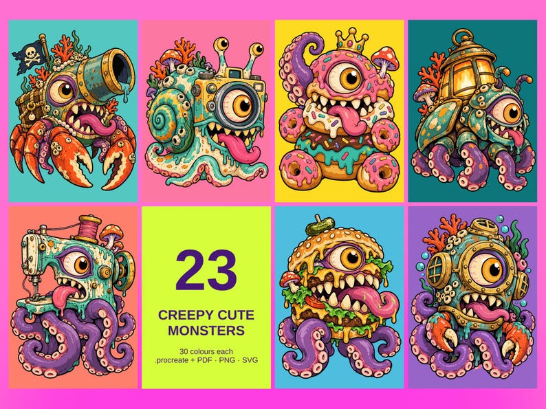 Puede incluir: Una colecci&oacute;n digital de 23 coloridas ilustraciones de monstruos que incluyen criaturas como un cangrejo con ca&ntilde;&oacute;n, un caracol c&aacute;mara, un monstruo donut, una tortuga linterna, un pulpo m&aacute;quina de coser, un monstruo hamburguesa y un pulpo buzo.
