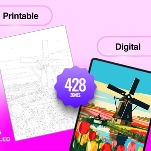 May include: A digital and printable paint-by-number set featuring a windmill in a tulip field. The image displays a black and white line art template with 428 numbered zones alongside a finished, colorful version on a tablet screen.