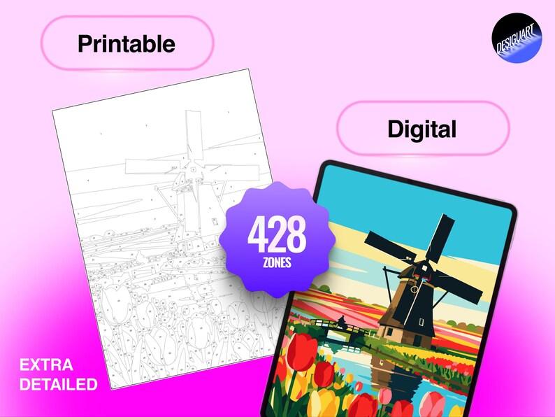 May include: A digital and printable paint-by-number set featuring a windmill in a tulip field. The image displays a black and white line art template with 428 numbered zones alongside a finished, colorful version on a tablet screen.