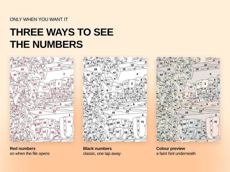 May include: A digital paint-by-number guide featuring three variations of a line art illustration. Text reads: ONLY WHEN YOU WANT IT, THREE WAYS TO SEE THE NUMBERS. The options include red numbers, black numbers, and a faint color preview.