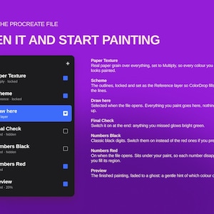 Op de afbeelding: Een digitale interface-afbeelding op een paarse achtergrond met de titel INSIDE THE PROCREATE FILE OPEN IT AND START PAINTING. Het toont een lagenpaneel met opties waaronder Paper Texture, Scheme, Draw here, Final Check, Numbers Black, Numbers Red en Preview.