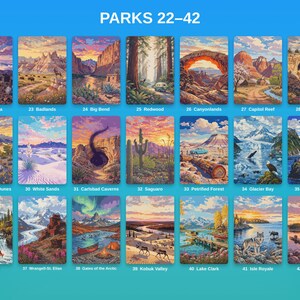 May include: A collection of twenty-one rectangular art prints titled PARKS 22&ndash;42, featuring illustrated landscapes of US National Parks including Haleakala, Badlands, Big Bend, Redwood, Canyonlands, Capitol Reef, Mesa Verde, Great Sand Dunes, White Sands, Carlsbad Caverns, Saguaro, Petrified Forest, Glacier Bay, Kenai Fjords, Katmai, Wrangell-St. Elias, Gates of the Arctic, Kobuk Valley, Lake Clark, Isle Royale, and Voyageurs.