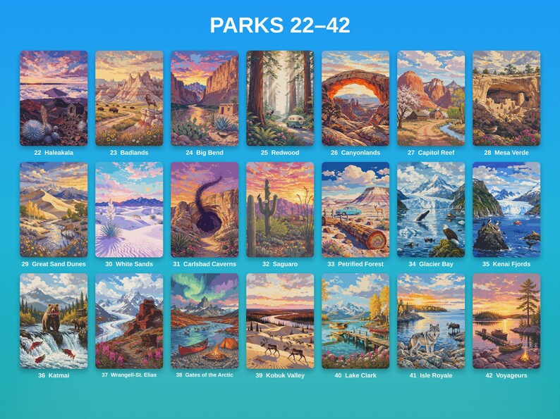 May include: A collection of twenty-one rectangular art prints titled PARKS 22&ndash;42, featuring illustrated landscapes of US National Parks including Haleakala, Badlands, Big Bend, Redwood, Canyonlands, Capitol Reef, Mesa Verde, Great Sand Dunes, White Sands, Carlsbad Caverns, Saguaro, Petrified Forest, Glacier Bay, Kenai Fjords, Katmai, Wrangell-St. Elias, Gates of the Arctic, Kobuk Valley, Lake Clark, Isle Royale, and Voyageurs.