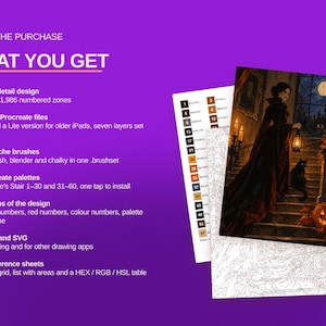 May include: A digital painting kit featuring a vampire on a staircase with a black cat and pumpkin. The set includes a color reference sheet, a numbered outline guide, and text listing contents like Procreate files, brushes, and palettes.