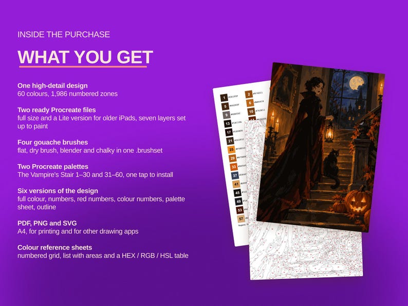 May include: A digital painting kit featuring a vampire on a staircase with a black cat and pumpkin. The set includes a color reference sheet, a numbered outline guide, and text listing contents like Procreate files, brushes, and palettes.