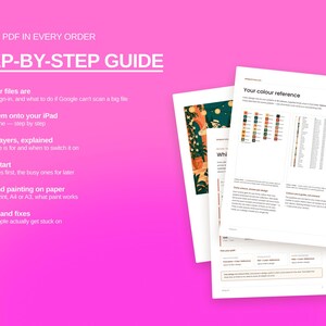 May include: An 18-page PDF step-by-step guide featuring white pages with black text and color charts. The document includes sections on file locations, iPad setup, layer explanations, starting points, printing instructions, and troubleshooting tips.