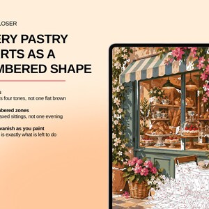 May include: A paint-by-numbers kit featuring a bakery storefront with pastries in the window, pink flowers, and a striped awning. Text reads: LOOK CLOSER, EVERY PASTRY STARTS AS A NUMBERED SHAPE, 60 colours, 4,871 numbered zones, Numbers vanish as you paint.