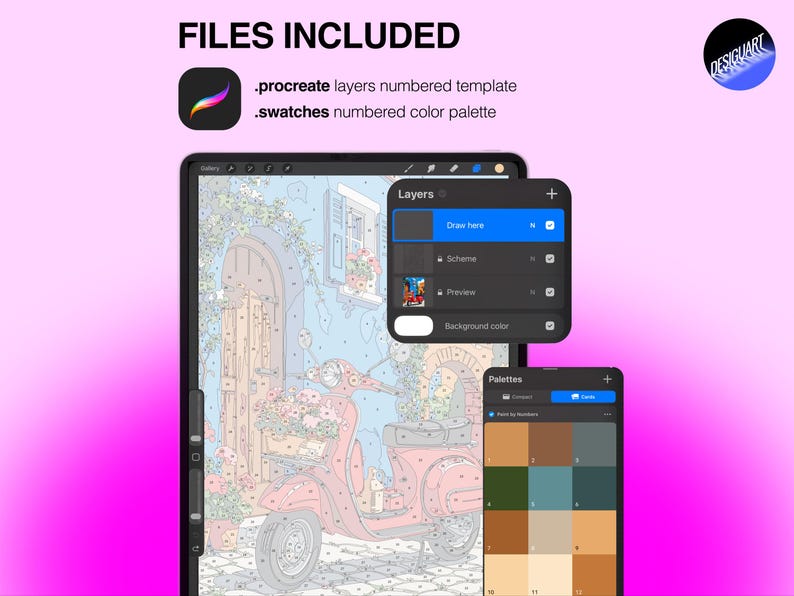 Puede incluir: Una plantilla digital de pintura por n&uacute;meros para Procreate que muestra un scooter aparcado frente a un edificio. La interfaz muestra un panel de capas etiquetado como Draw here, Scheme y Preview, junto a una paleta de colores numerada.