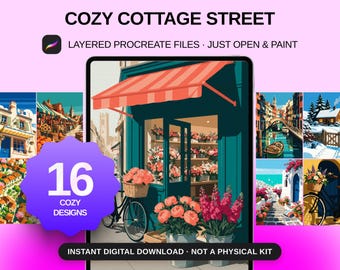 Páginas para colorear estilo Cottagecore, Calle acogedora de cabaña para colorear por números con Procreate, 16 diseños (Descarga digital)
