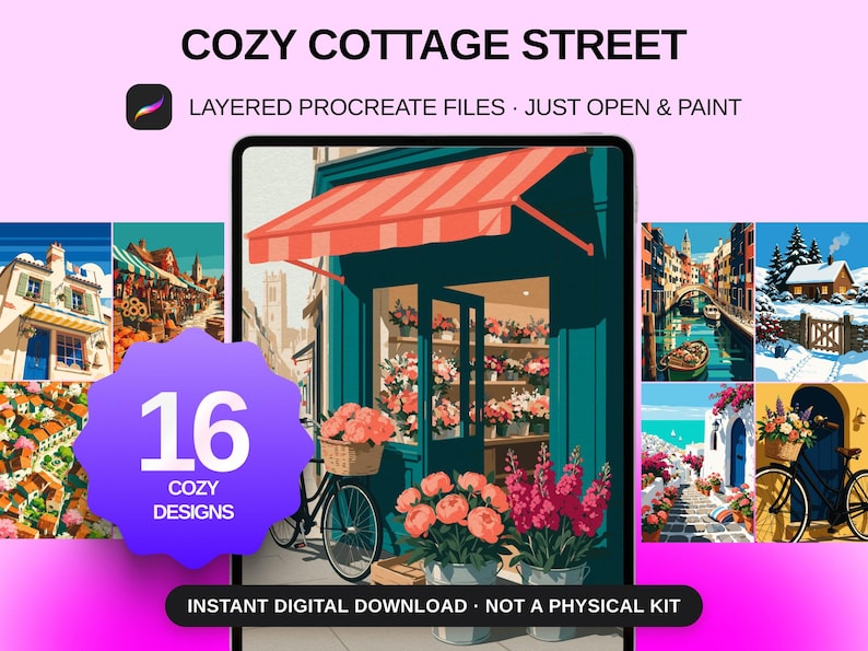 May include: A digital product listing titled COZY COTTAGE STREET featuring 16 layered Procreate files. The main image shows a teal storefront with a coral awning, flower baskets, and a bicycle, surrounded by various illustrated scenes of houses and streets.